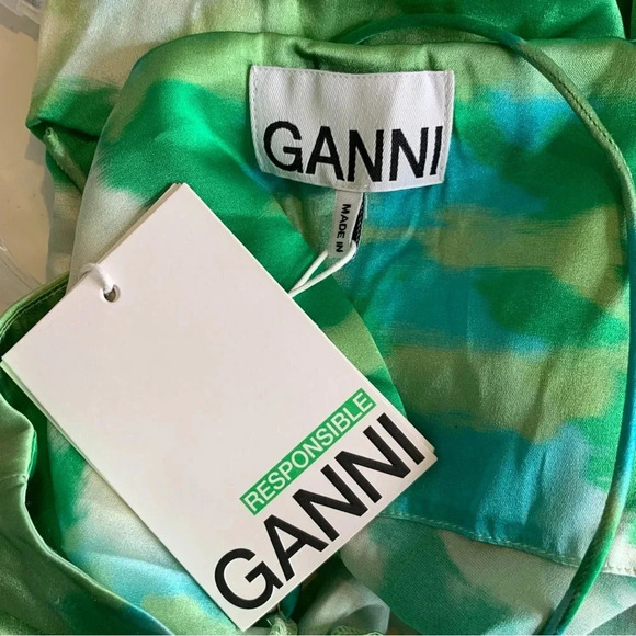 GANNI Silk Stretch Satin Ruched Mini Dress Lily Green Size 34 or US XS NWT - Picture 8 of 12